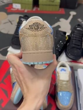 Jordan Women's Low-Top Sneakers in Tan and Light Blue with Sparkle Upper